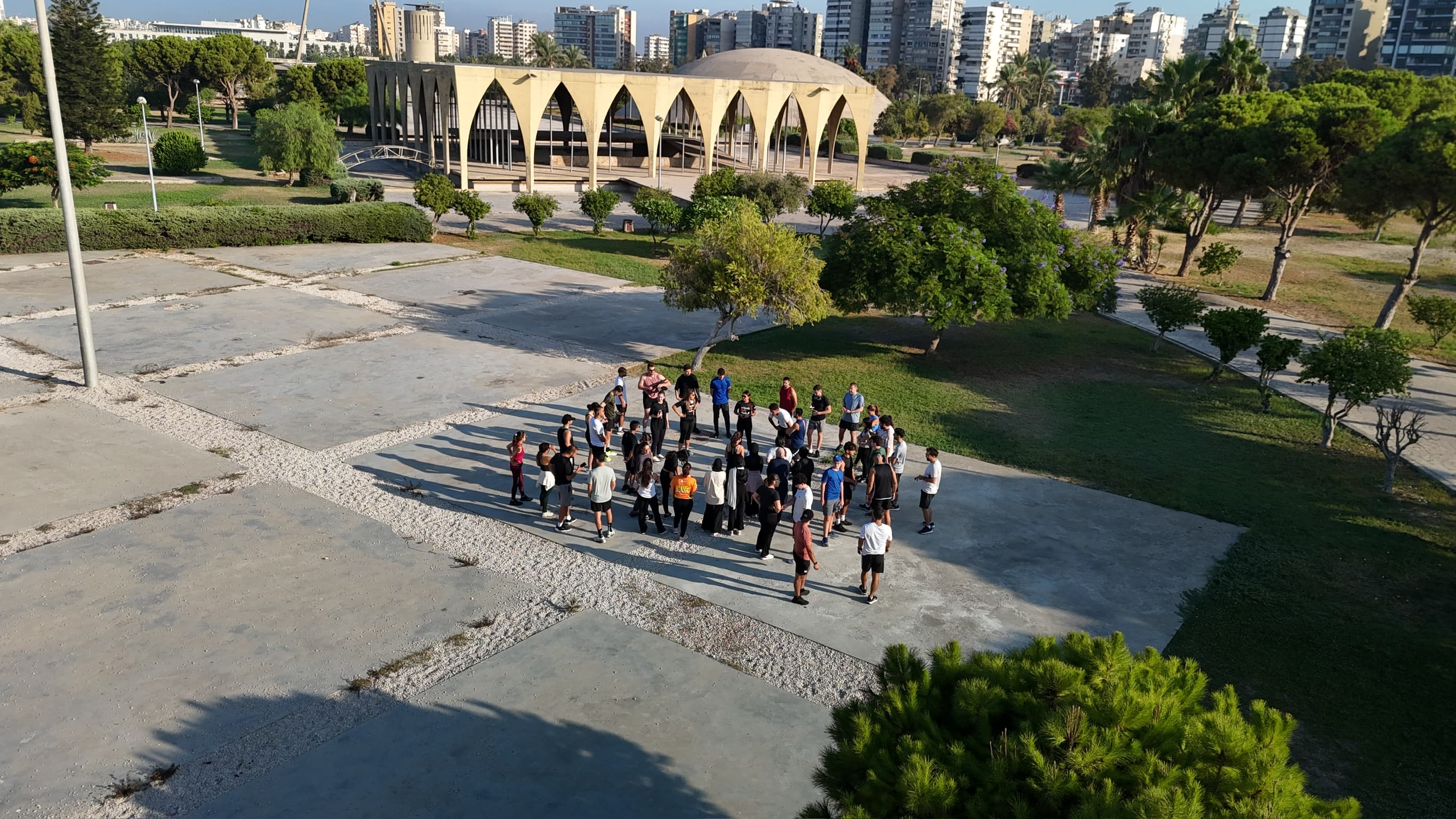 Aerial drone view of Tripoli Run Club gathering at the Rachid Karami International Fair